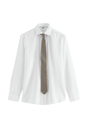 White long-sleeve dress shirt with pointed collar paired with a slim, textured brown tie featuring small light blue dots.