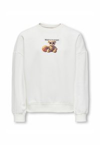 Bílá mikina s kulatým výstřihem a žebrovanými manžetami. Na přední straně je grafika medvěda v brýlích se slunečními brýlemi držícího basketbalový míč a text "WHAT'S UP SPORT?".