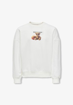 Hvit genser med rund hals og ribbestrikkede mansjetter. Har en grafikk av en bjørn med solbriller, en basketball og teksten "WHAT'S UP SPORT?".