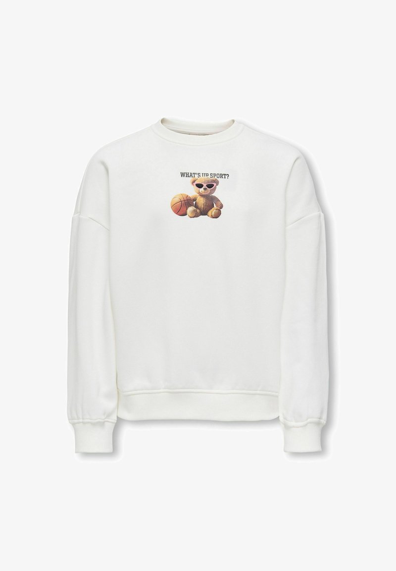 Bílá mikina s kulatým výstřihem a žebrovanými manžetami. Na přední straně je grafika medvěda v brýlích se slunečními brýlemi držícího basketbalový míč a text "WHAT'S UP SPORT?".