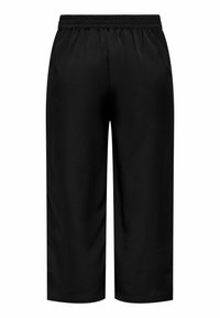 Pantalon noir court en tissu lisse, doté d'une ceinture élastique et d'une coupe droite. Design simple sans motifs ni accents visibles.