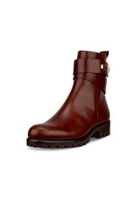 Brauner Leder-Ankle-Boot mit runder Schuhspitze, seitlichem Riemen-Detail, goldenen Akzenten und strukturiertem schwarzen Gummisohle. Glatte Oberfläche und robustes Design.