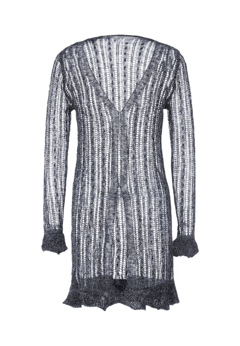 Lång, öppen cardigan i svart spets med vertikala ränder, V-ringning och vågiga kanter. Har långa ärmar och en lätt textur.