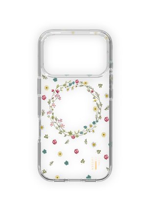 Klare Telefonhülle mit einem Blumenkranz und verstreuten kleinen Blumen in Pink, Gelb und Blau, gestaltet für einen Ausschnitt des Kameramoduls.