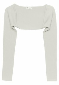 Lichtgrijs cropped topje met lange mouwen, geribbelde textuur, brede vierkante halslijn en aansluitend ontwerp. Minimalistische stijl, zonder zichtbare logo's.