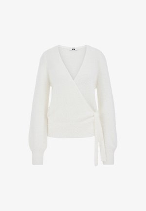 Vit omslagströja gjord av mjukt, texturerat material. Har långa ärmar, en djup V-hals och en knytning i midjan.