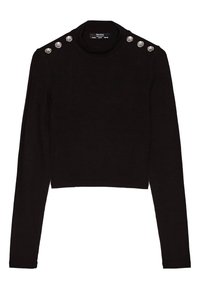 Czarny prążkowany sweter z długim rękawem, krótki, z wysokim dekoltem i sześcioma ozdobnymi srebrnymi guzikami na ramionach.