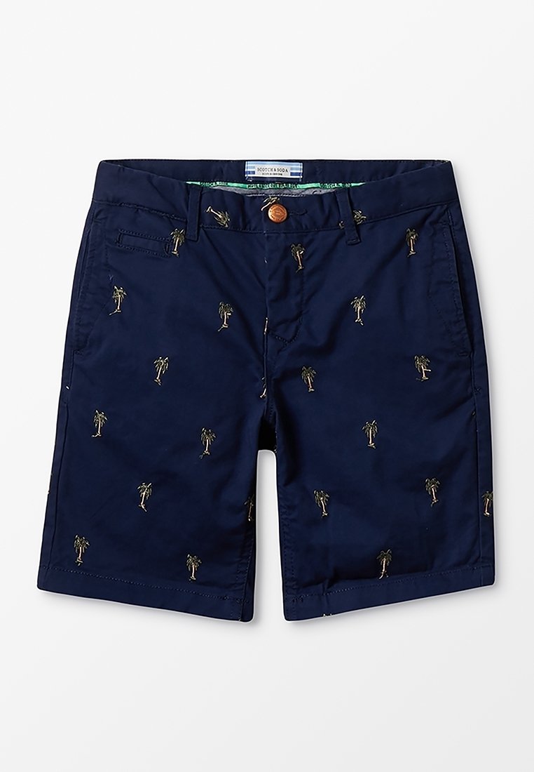 Shorts bleu marine avec de petits palmiers brodés, fermeture par bouton, passants pour ceinture et poches avant.
