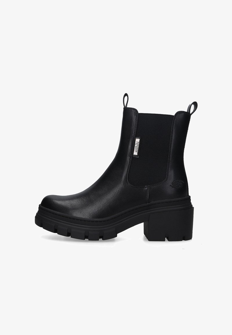 Schwarze Knöchelschuhe aus Leder mit elastischen Seitenpaneelen, Blockabsätzen und einer strukturierten Sohle. Verfügt über Ziehschlaufen für einfaches Anziehen.