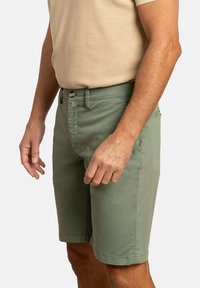 Pantalones cortos de algodón verdes con frente plano, bolsillos laterales y cierre de botón. Presentan una textura suave y un corte recto, con un diseño hasta la rodilla.