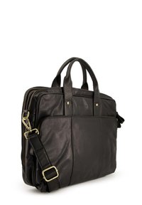 Schwarze Lederaktentasche mit zwei Griffen und verstellbarem Schulterriemen. Ausgestattet mit Reißverschluss und Außentasche mit goldfarbenen Beschlägen.