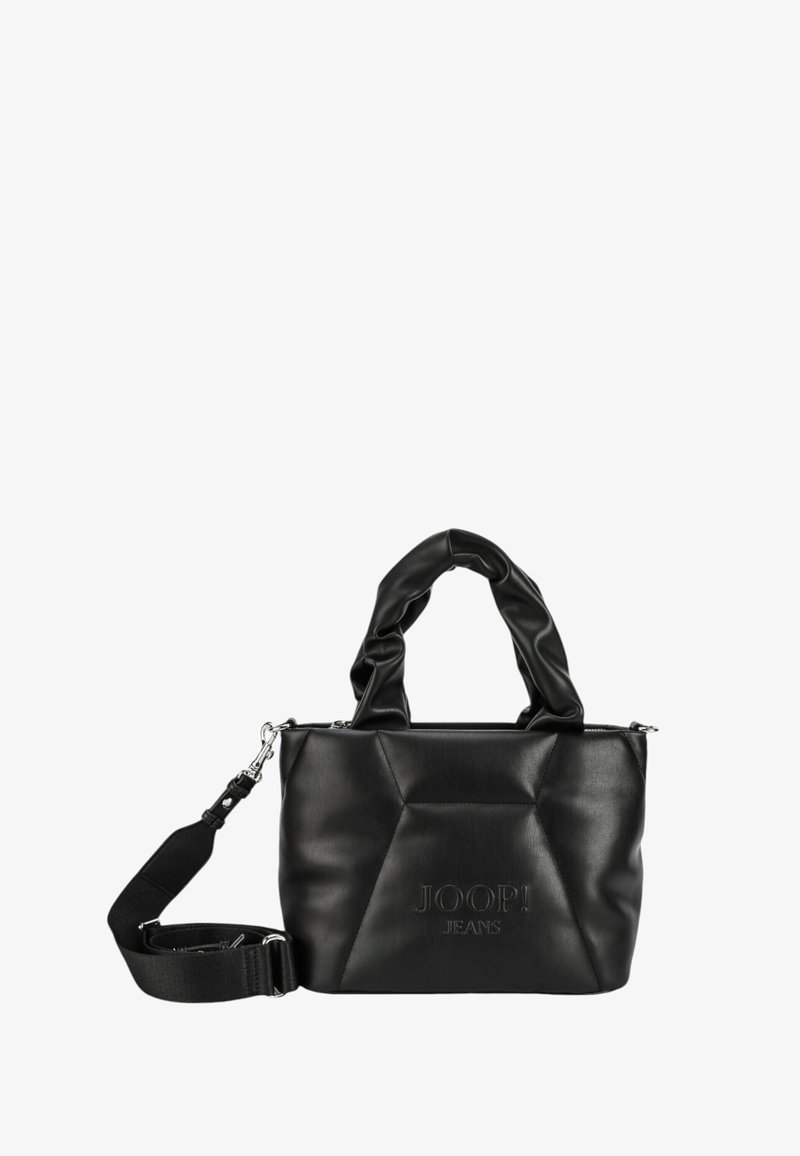 Črna sintetična torbica s strukturiranim oblikovanjem, ki ima prevlečen vzorec, kratke ročaje in odklopno naramnico. Logotip je vtisnjen na sprednji strani.