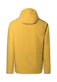 Gele waterdichte jas met capuchon, gladde textuur en lange mouwen. Voorzien van elastische manchetten met grijze accenten en een rechte zoom.