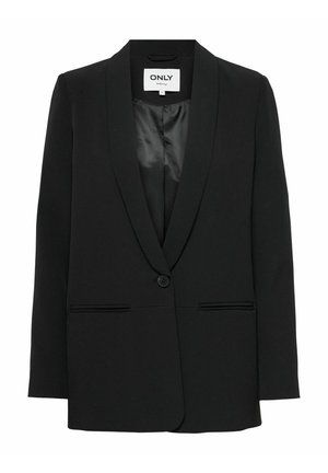 Zwarte blazer met een getailleerde pasvorm, notch-lapels, sluiting met één knoop, twee voorzakken en een soepel binnenvoering.