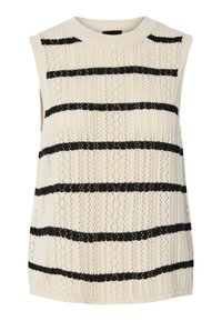 Αμάνικο πλεκτό τοπ σε κρέμα με μαύρες οριζόντιες ρίγες. Διαθέτει υφή και ριγωτό λαιμό, δημιουργώντας ένα ελαφρύ σχέδιο.