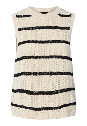 Ärmelloses Stricktop in Creme mit schwarzen horizontalen Streifen. Es weist ein strukturiertes Muster und einen gerippten Ausschnitt auf, was ein leichtes Design schafft.