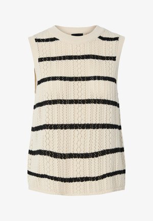Ärmelloses Stricktop in Creme mit schwarzen horizontalen Streifen. Es weist ein strukturiertes Muster und einen gerippten Ausschnitt auf, was ein leichtes Design schafft.