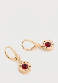 Zelta nokriņu auskari ar apaļu dizainu, sarkano dārgakmeni centrā un iegravētu "DKNY" ap malām. Gluda apdare.