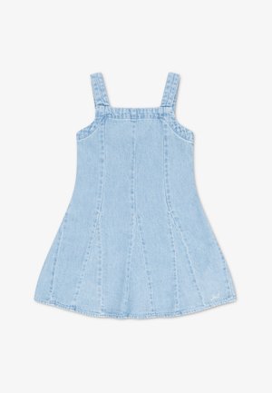 Light blue denim dress with a flared skirt, adjustable straps, and visible seam detailing. Smooth texture, no patterns or accents.