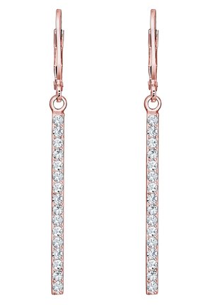 Boucles d'oreilles pendantes en or rose avec des barrettes verticales serties de pierres précieuses rondes transparentes et fermoirs à levier.