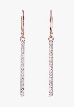 Boucles d'oreilles pendantes en or rose avec des barrettes verticales serties de pierres précieuses rondes transparentes et fermoirs à levier.