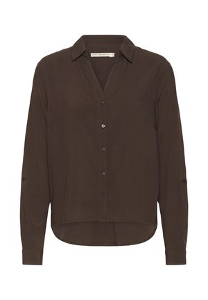 Brown long-sleeve button-up shirt with a collar, featuring a straight hem, subtle sheen, and roll-up sleeve tabs. Smooth fabric texture.