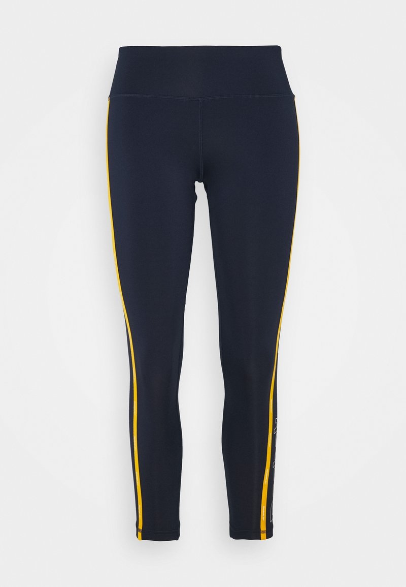 Niebieskie legginsy z wysokim stanem, z żółtymi bocznymi paskami i akcentami marki. Wykonane z elastycznego, gładkiego materiału dla maksymalnego komfortu.