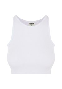 Tricou fără mâneci alb cu model în relief, cu decolteu rotund și bretele groase. Are o formă ajustată și o textură moale, potrivit pentru purtarea casual.