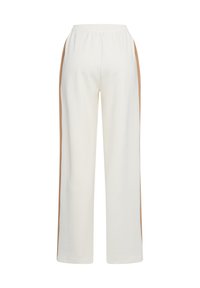 White wide-leg pants with elastic waistband and beige side stripes, shown from the back.
