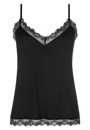 Camisole noire avec bretelles réglables, finition en dentelle autour de l'encolure et de l'ourlet, et un tissu doux et fluide avec une coupe détendue.
