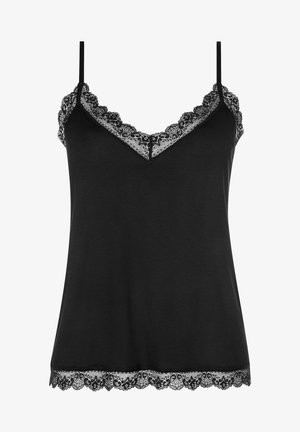 Schwarzes Trägertop mit verstellbaren Trägern, Spitzenbesatz am Ausschnitt und Saum sowie einem weichen, fließenden Stoff mit entspanntem Schnitt.