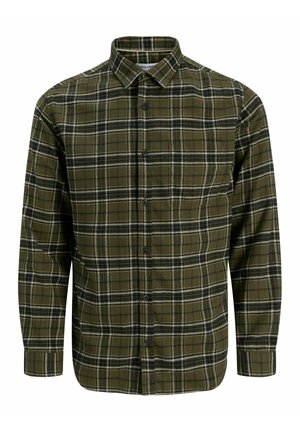 Camicia in flanella a quadri verde e nera con maniche lunghe, bottone frontale e taschino singolo sul petto. Tessuto testurizzato con motivo a scacchi.
