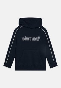 Navy blue hooded sweatshirt with white side stripes, front pocket, and "element" logo embroidered in white. Soft material with ribbed cuffs.