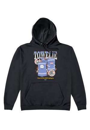 Zwarte hoodie met cartoonhanddoeken met gezichten, tekst "TOWELIE" en bijschrift "Ik heb geen idee wat er aan de hand is" uit South Park.