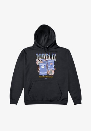 Zwarte hoodie met cartoonhanddoeken met gezichten, tekst "TOWELIE" en bijschrift "Ik heb geen idee wat er aan de hand is" uit South Park.