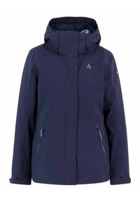 Navy waterproof jacket with a high collar and adjustable hood. Features front zip pockets and contrasting light blue zipper accents.
