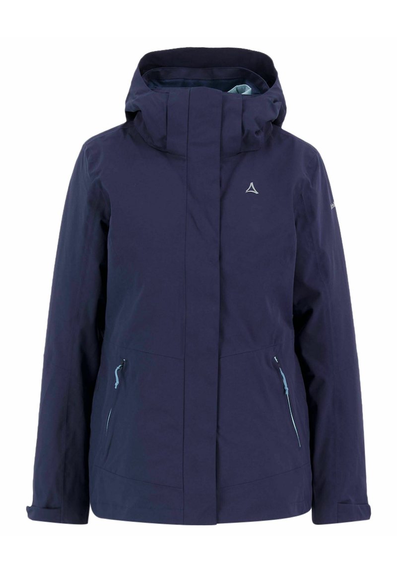 Navy waterproof jacket with a high collar and adjustable hood. Features front zip pockets and contrasting light blue zipper accents.