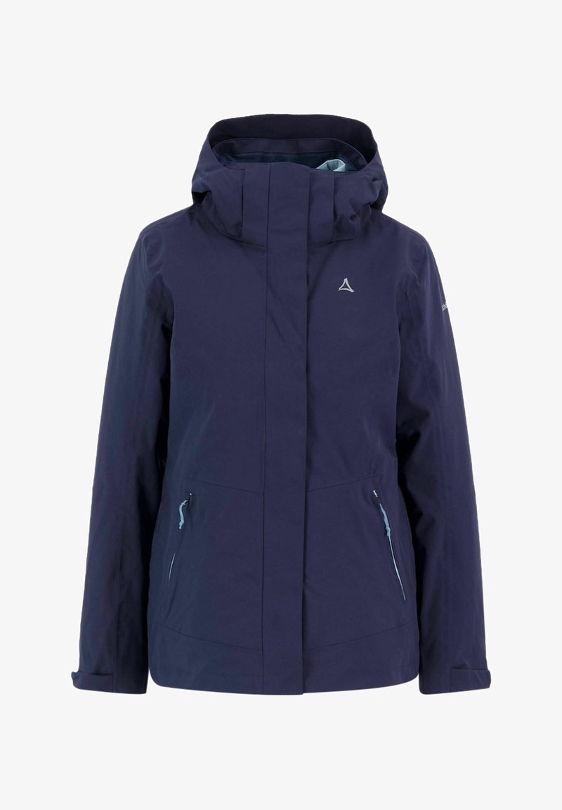 Navy waterproof jacket with a high collar and adjustable hood. Features front zip pockets and contrasting light blue zipper accents.