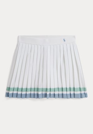 Gonna bianca plissettata con orlo a righe blu, verdi e azzurre. Vita elastica con dettaglio logo blu in alto. Tessuto liscio.