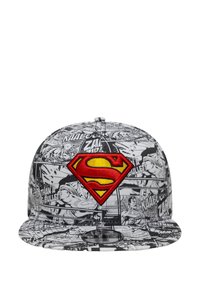 Baseballmütze mit einem schwarz-weißen Comicdruck. Mit einem roten und gelben Superman-Logo-Patch auf der Vorderseite. Flaches Visier-Design.