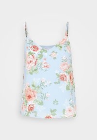 Květinový top s nastavbou na tenké ramínka, který má světle modrou podložku s růžovými a zelenými vzory růží, a volný střih. Hladký povrch.