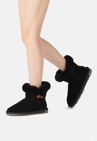 Black suede ankle boots with a plush fur cuff and a decorative brown button. The sole is gray, providing a contrast to the boot's upper.