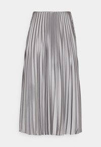 Jupe midi plissée en gris clair, fabriquée dans un tissu lisse et brillant. Présente des plis verticaux uniformes et une taille élastique.