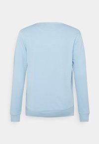 Sudadera azul claro, textura suave, cuello redondo, mangas largas, puños y dobladillo acanalados, diseño sencillo sin marcas visibles ni patrones.