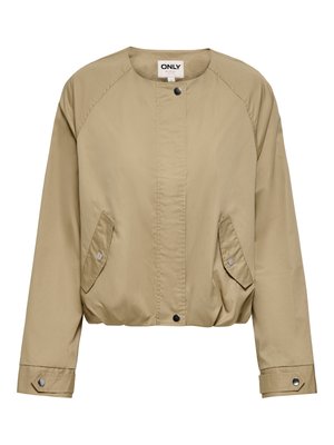 Beige lett jakke med trykknapper, to frontlommer med skrå vinkel, lange ermer og elastisk kant, krageløs design.