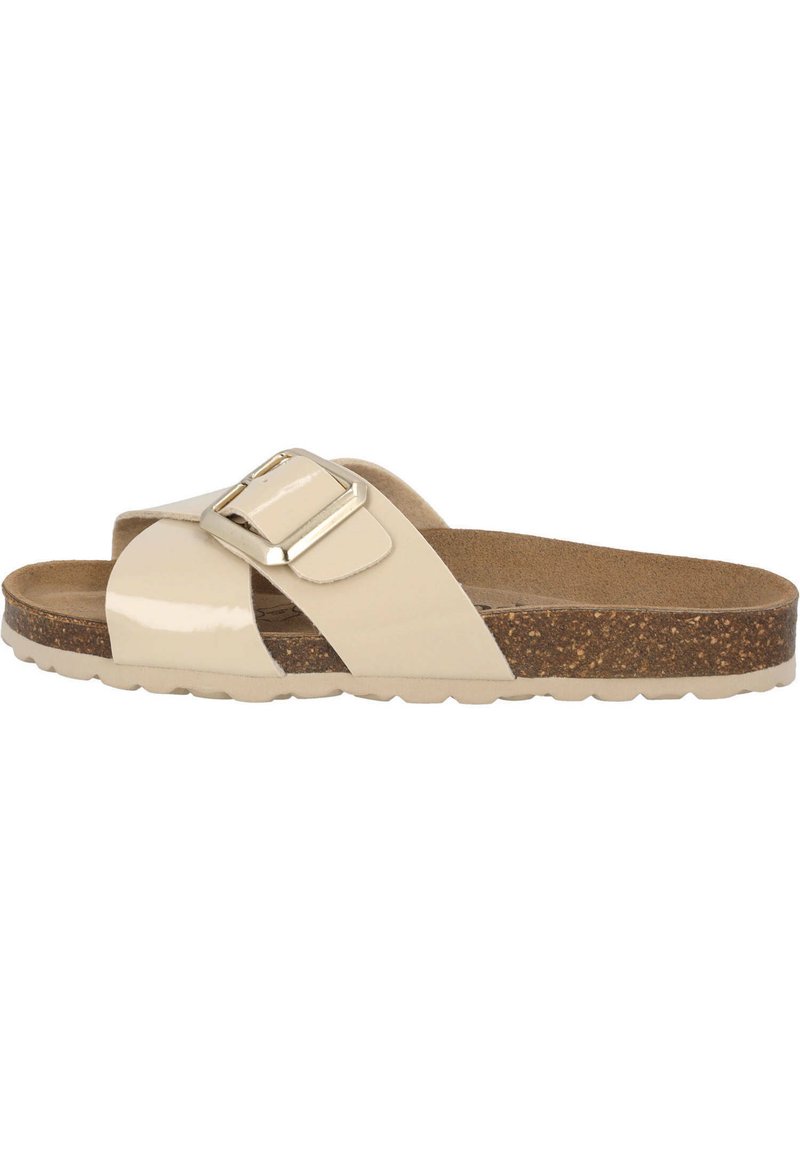 Beige patent slide sandal with a wide, crisscross strap and a metallic buckle accent. Cork sole for comfort with a textured finish.