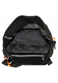 Black backpack interior with gray lining, featuring multiple compartments and pockets, including a padded section for organization.