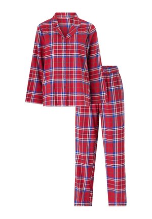 Red plaid pajama set with long sleeves and pants. The fabric features a multi-colored check pattern with blue and white accents.