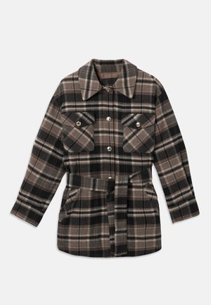 Plaid shirt jacket in shades of brown, black, and beige. Features a collared neck, two chest pockets, a belted waist, and snap buttons.
