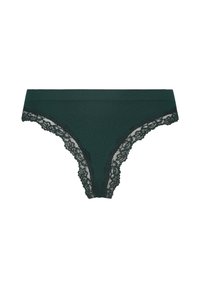 Dunkelgrüner Rippenstoff-String mit schwarzer Spitzeneinfassung an den Kanten. Verfügt über einen glatten Bund und kunstvolle Spitzendetails.